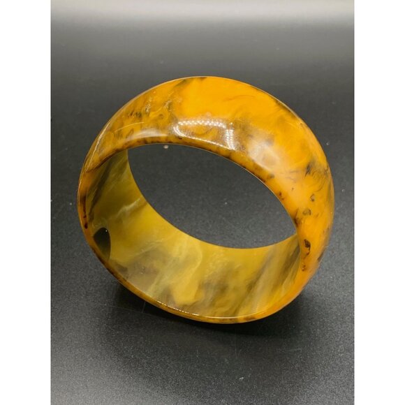 Bakelite Bangle Bracelet Wide Early Plastic Bracelet Marbled Orange Brown Color - Picture 3 of 5